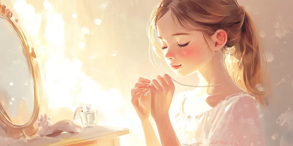 Urocza ilustracja przedstawiająca dziewczynę zakładającą naszyjnik